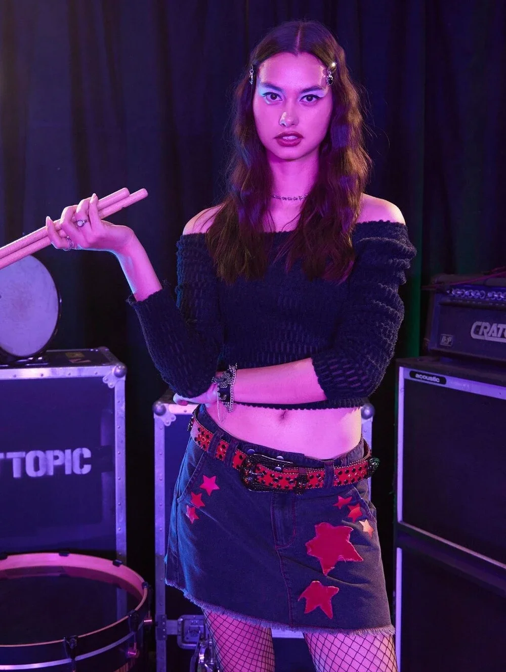 Social Collision Black Denim Mini Skirt with Red Star Appliqués